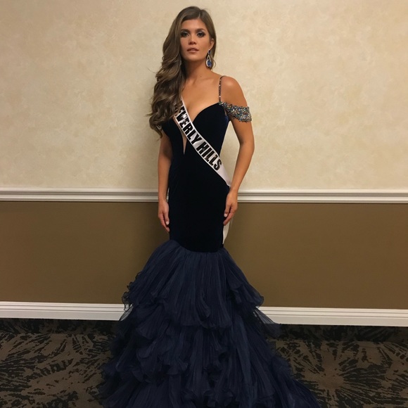 Sherri Hill velvet couture gown navy deep blue - Picture 5 of 6